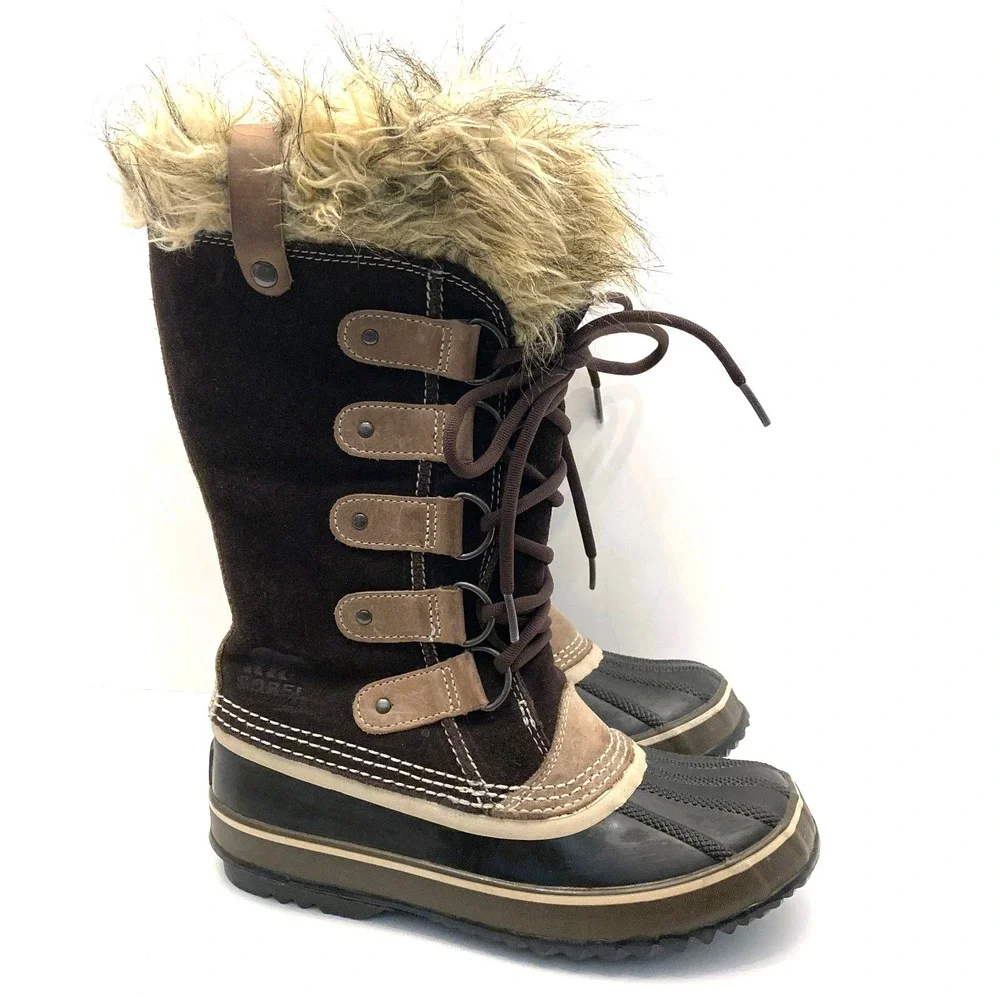 Sorel Joan Of Arctic Boots WP Brown Suede Faux Fur Cuff Insulated‎ Snow Womens 6